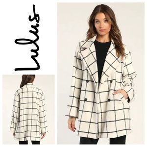 Lulu’s Snowy Streets Ivory Grid Print Double Breasted Coat Sz: XS